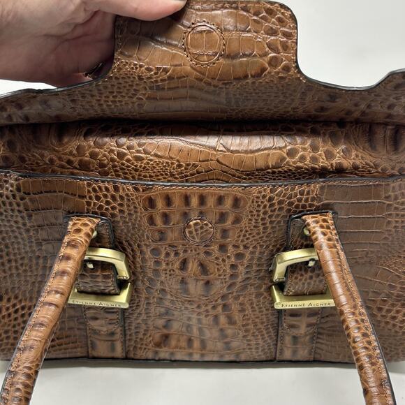Etienne Aigner Leather Shoulder Bag Brown Croc Embossed Double Handles Pristine - Picture 7 of 15